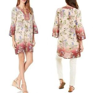 Johnny Was Floral Dress Pink Paris Tunic Embroidered V-Neck 3/4 Sleeve Sz Large